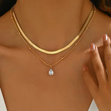 Layered Necklace, 14K Golden Plated, Cubic Zirconia Pendant