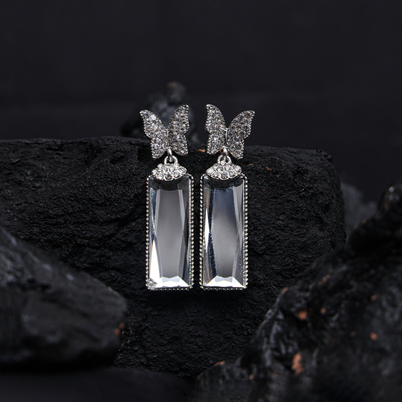 Vintage Zircon Butterflies Square Long Earrings