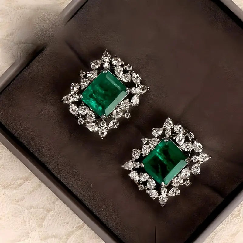 Green Square Zirconia Stud Earrings for Women