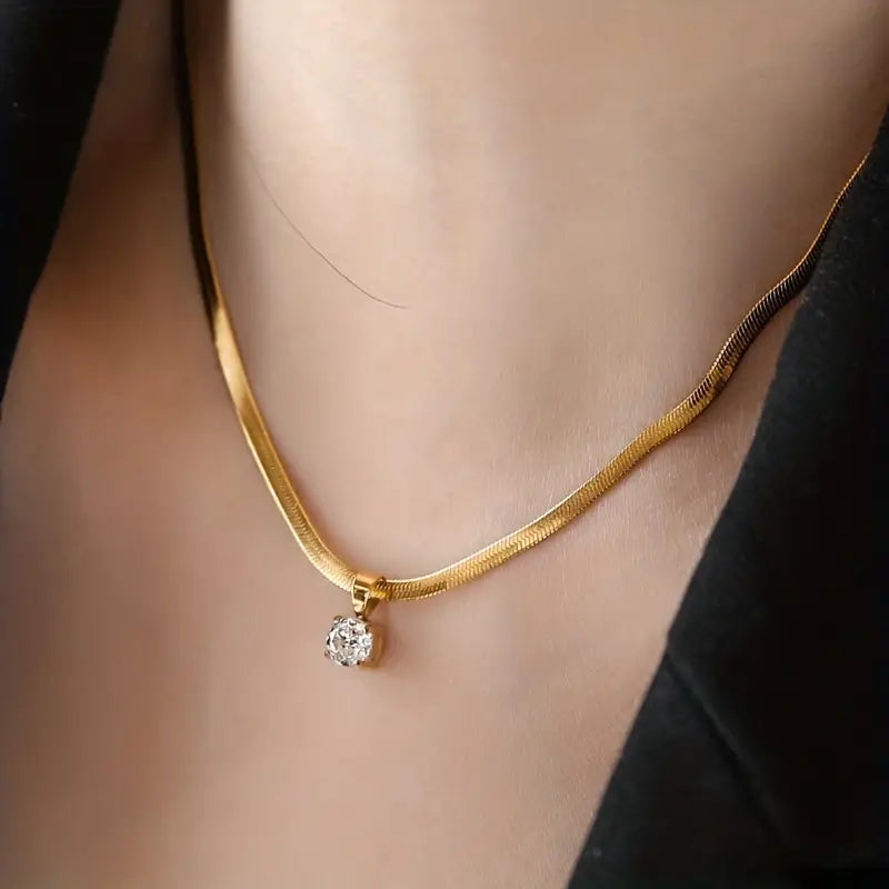 Golden Plated Stainless Steel Necklace with Sparkling Synthetic Cubic Zirconia Pendant